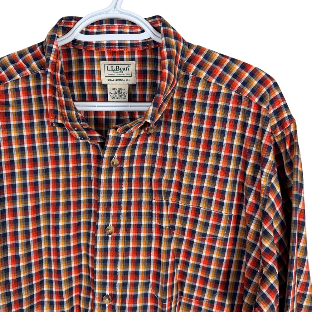 LL Bean Kennebunk Sport Shirt Wrinkle Free Mens L Orange Plaid Traditional‎ Fit